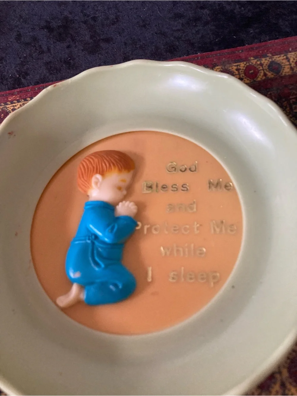 Vintage Melamine Childs Praying Boy Bath Plate God Bless Me  Nursery Decor